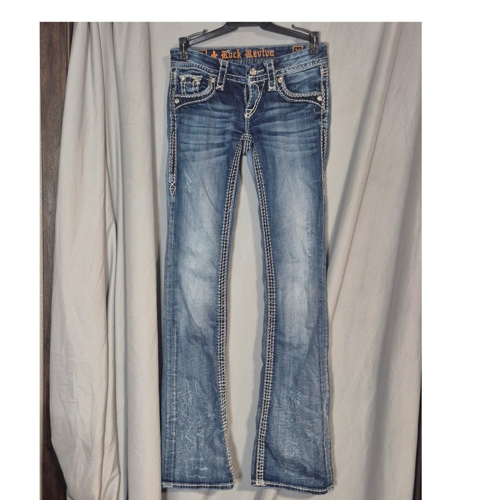 Rock Revival Womens Bootcut Jeans Medium Wash Distressed Thick Stitch Size 24